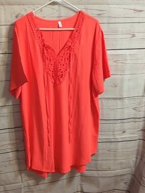 Neon Coral Crochet Detail V-Neck Tunic Cover Up- Simple Fun